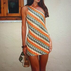 One-Shoulder Multicolor Knit Dress - Orange & Green
